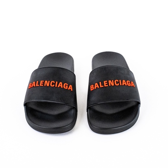 Balenciaga Black Red Pool Slide Sandals Men’s Rubber Logo - NEW - EU 44 | US 11